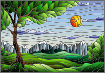 Naklejki  Ilustracja w stylu witrażu z krajobrazem, zielonym drzewem na górskim krajobrazie i słonecznym tle nieba