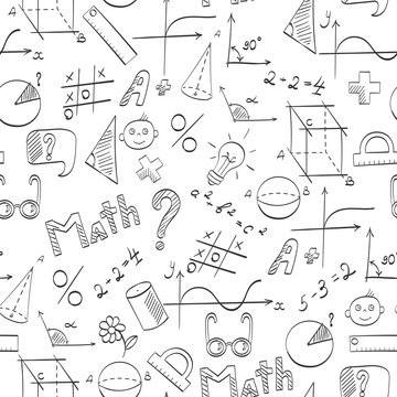 Seamless pattern on the theme of the school, of education and of the subject mathematics, the dark hand-drawn graphics, formulas, and icons on white background