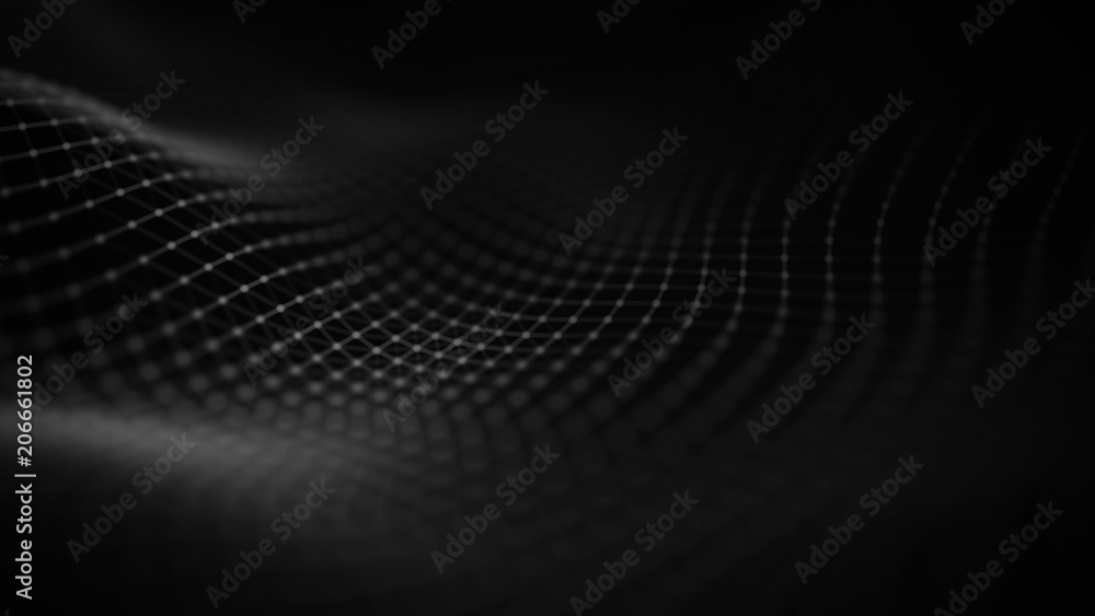 Poster Data technology illustration. Abstract futuristic background. Wave with connecting dots and lines on dark background. Wave of particles.