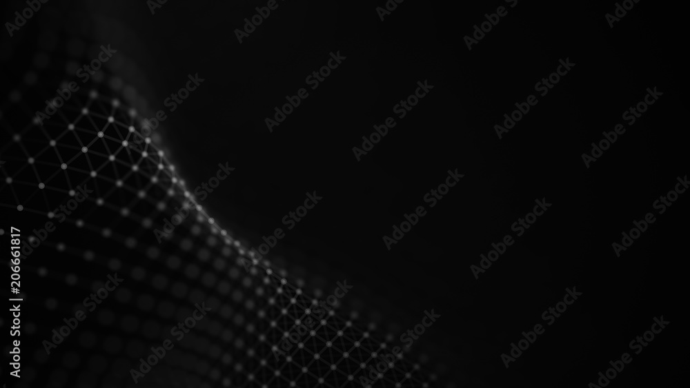 Poster Data technology illustration. Abstract futuristic background. Wave with connecting dots and lines on dark background. Wave of particles.