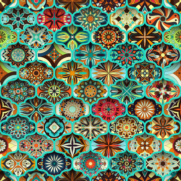 Seamless pattern with decorative mandalas. Vintage mandala elements.