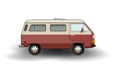 Retro vacation travel caravan with shadows isolated on white background