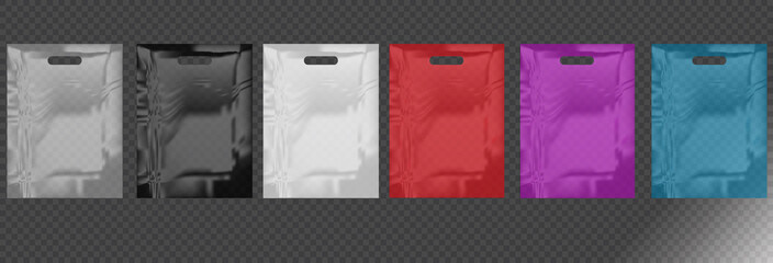Food packaging,transparent colorful plastic bags,vector set mock up