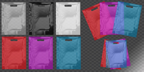 Food packaging,transparent colorful plastic bags,vector set mock up