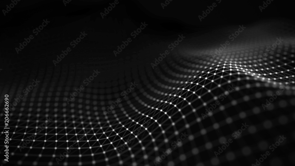 Aufkleber Data technology illustration. Abstract futuristic background. Wave with connecting dots and lines on dark background. Wave of particles. Big data visualization.
