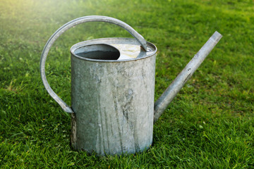 old metal watering can on the green grass