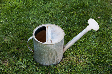 old metal watering can on the green grass