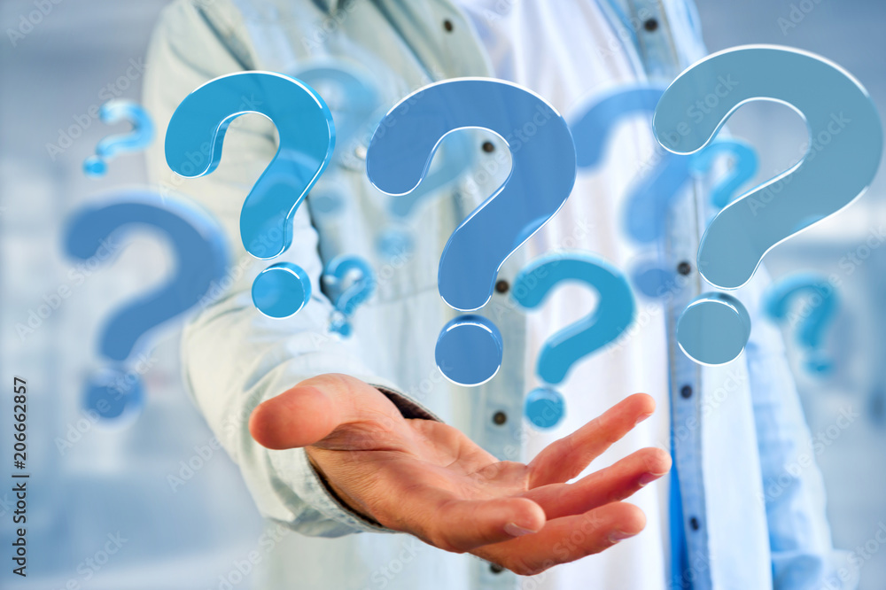 Poster blue question mark displayed on a futuristic interface - 3d rendering