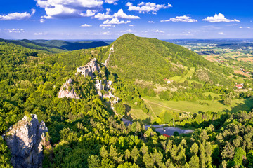 Fototapeta premium Kalnik mountain ridge and old fortress ruins aerial view