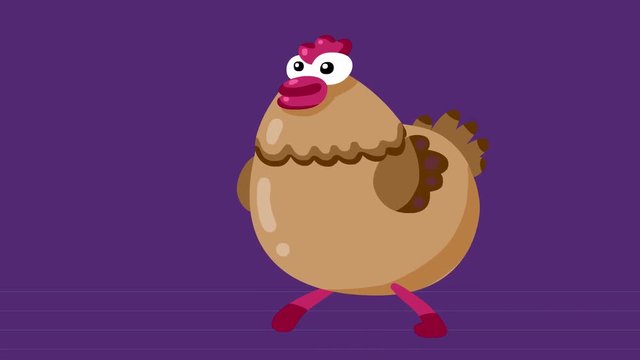 Isolated cartoon hen walking and sitting. Farm animal loop with alpha channel.