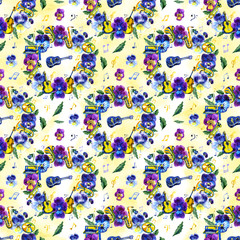 Summer seamless background pattern with pansy flowers and musical elements.