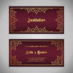Fototapeta premium Luxury wedding invitation with golden ornament. Vector illustration