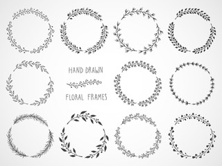 Vector set of floral hand drawn round frames.