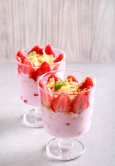 Strawberry and yogurt dessert in glasses