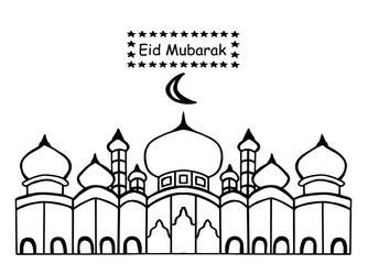 Eid mubarak with mosque and star using doodle style, hand drawing