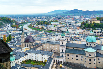 Fototapeta na wymiar Large horizontal panorama of city from Hohensalzburg, Salzburg, Austria