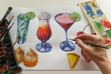Hand drawn watercolor drinks party