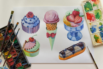 Hand drawn watercolor sweets and cakes
