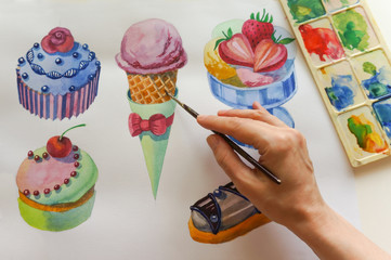 Hand drawn watercolor sweets and cakes