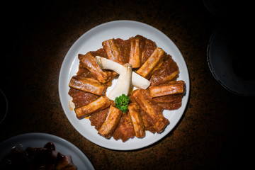 Pork ribs with hot and spicy gochujang based sauce, korean bbq