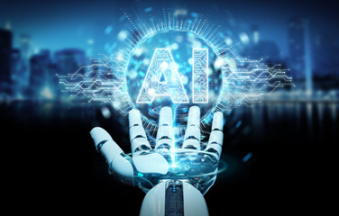 White humanoid hand using digital artificial intelligence icon hologram 3D rendering