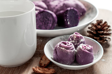 The dessert with purple colour