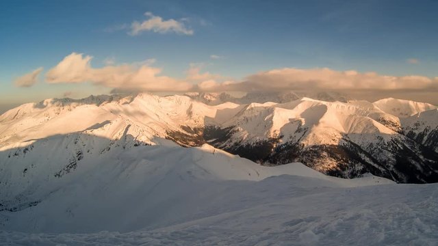 Day to night timelapse in winter Tatra mountains, Poland, sunset