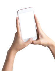 Woman hand holding the White smartphone with blank screen