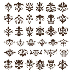 Vintage design elements ornaments frame corners curbs retro stickers and damask vector set illustration white background