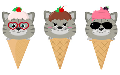 A set of three gray cats in the form of ice cream. Sits in a waffle cone on his head glaze and ice cream with a berry, in the style of a cartoon. Flat, vector.