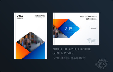 Brochure design rectangular template. Colourful modern abstract set, annual report with material design for branding.