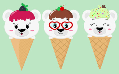 A set of three cute polar bears in the image of an ice cream. Sits in a waffle cone on his head glaze and ice cream with a berry, in the style of a cartoon. Flat, vector.