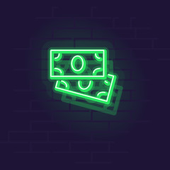 Neon dollars. Night illuminated wall street sign. Isolated geometric style illustration on brick wall background.