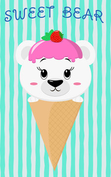Cute polar bear in the image of ice cream. Sits in a waffle cone on his head glaze and a berry, against a background of stripes in the style of a cartoon. Flat, vector.