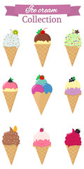 Set of nine different sweet ice cream on white background and pink ribbon with text. Flat style, vector illustration.