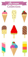 Set of nine different sweet ice cream on white background and pink ribbon with text. Flat style, vector illustration.