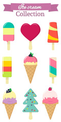 Set of nine different sweet ice cream on white background and pink ribbon with text. Flat style, vector illustration.