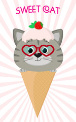 A cute gray kitten in an ice cream image. Sits in a waffle cone on his head, glaze and a berry, against the background of stripes in the style of a cartoon. Flat, vector.