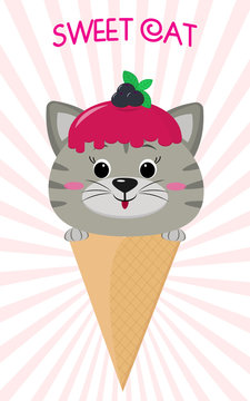 A cute gray kitten in an ice cream image. Sits in a waffle cone on his head, glaze and a berry, against the background of stripes in the style of a cartoon. Flat, vector.