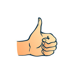 Human hand showing thumbs up gesture in sketch style isolated on white background - hand drawn colorful vector illustration of wrist with ok and like sign for success concept.