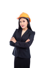 Beautiful asian engineer in black suit wearing helmet isolated over white background
