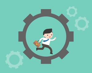 Tiny Businessman carry briefcase run in cog wheel, flat design illustration routine working concept
