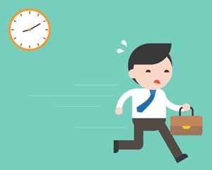 Businessman hurry on work with clock, flat design