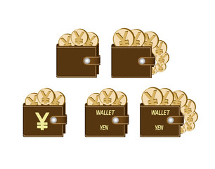 set of brown wallets with yen coins