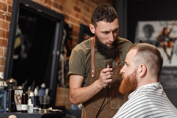 Barber and bearded man in barber shop