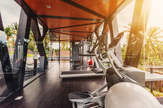 Small gym in Luxury villa, big windows, tropical view