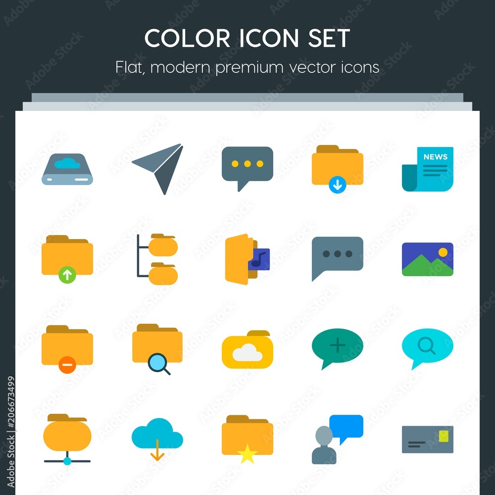 Poster modern simple set of cloud and networking, chat and messenger, folder, email vector flat icons. cont