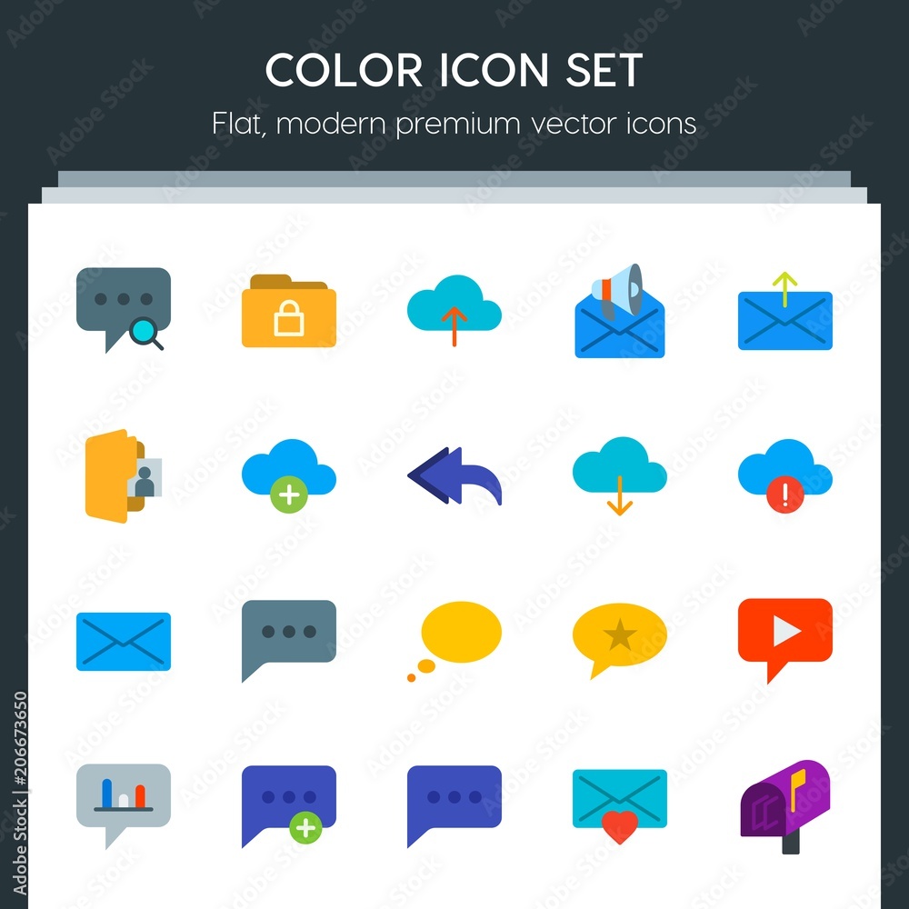 Poster modern simple set of cloud and networking, chat and messenger, folder, email vector flat icons. cont