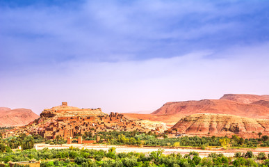 Amazing view of Kasbah Ait Ben Haddou near Ouarzazate in the Atlas Mountains of Morocco. UNESCO World Heritage Site since 1987. Artistic picture. Beauty world.