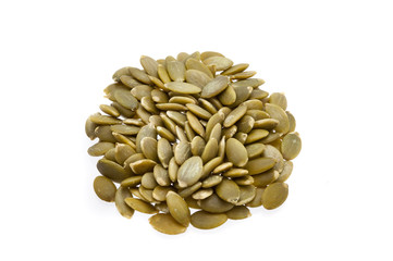 Sunflower seeds in the center, in the shape of a circle, on a white background.